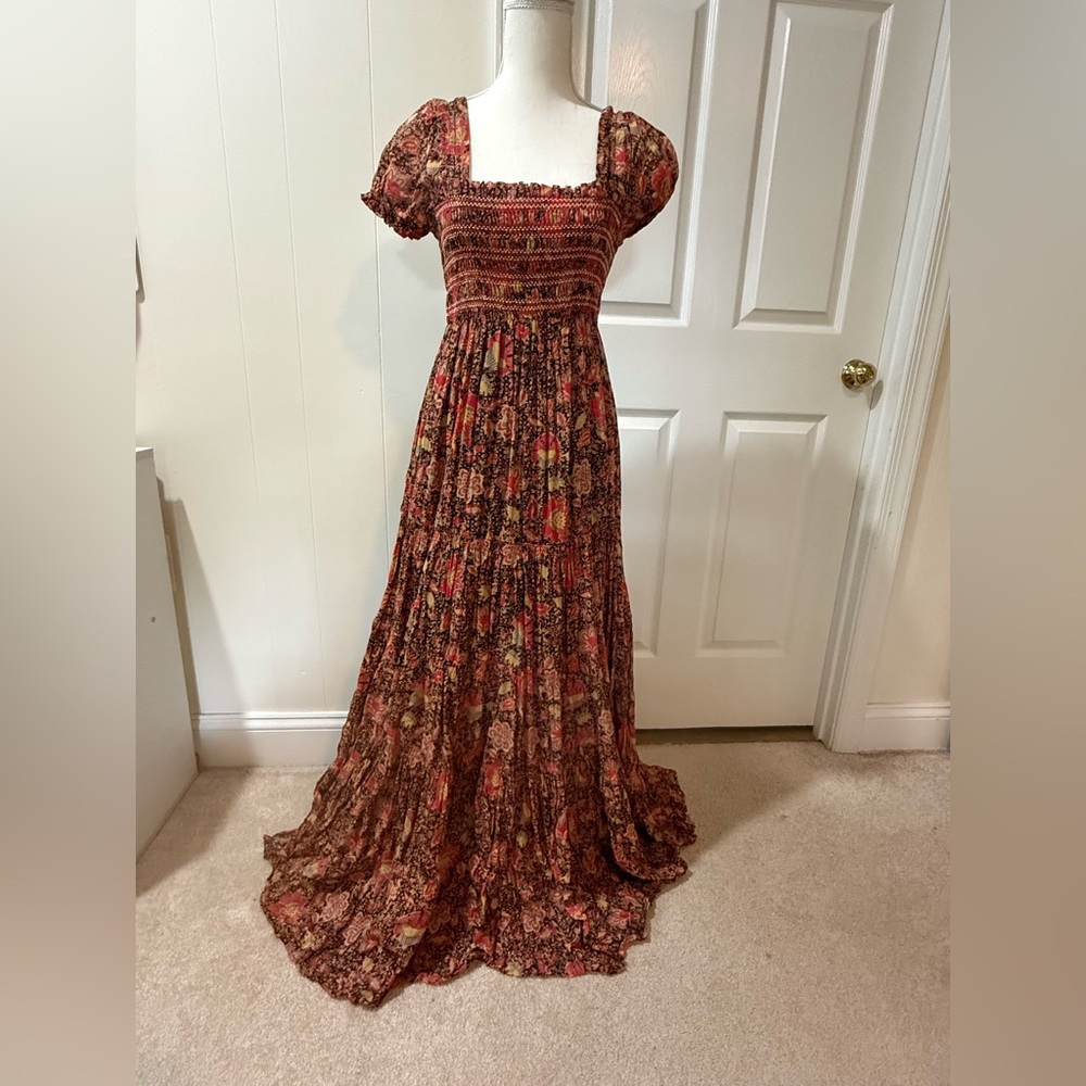 Free People Brown and Orange Smocked Maxi Dress